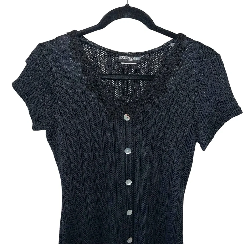 Vintage 90s Facets by mirrors black button down knit ribbed bodycon maxi dress - Picture 3 of 9